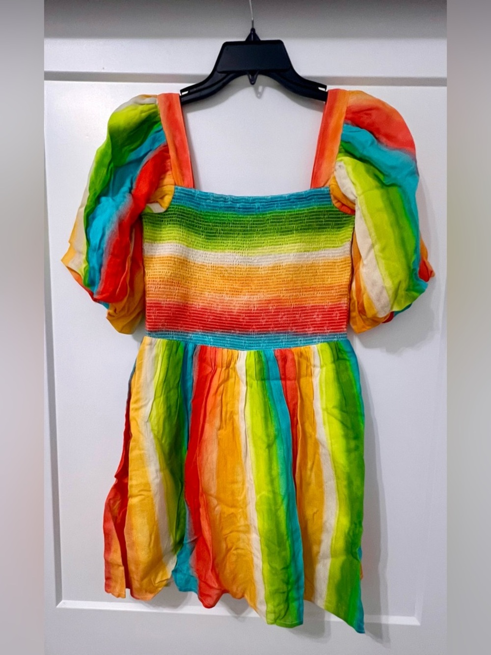 AMUR Campbell Rainbow Striped Smocked Mini Dress NWT Size 2 Puff Sleeve - Picture 3 of 11